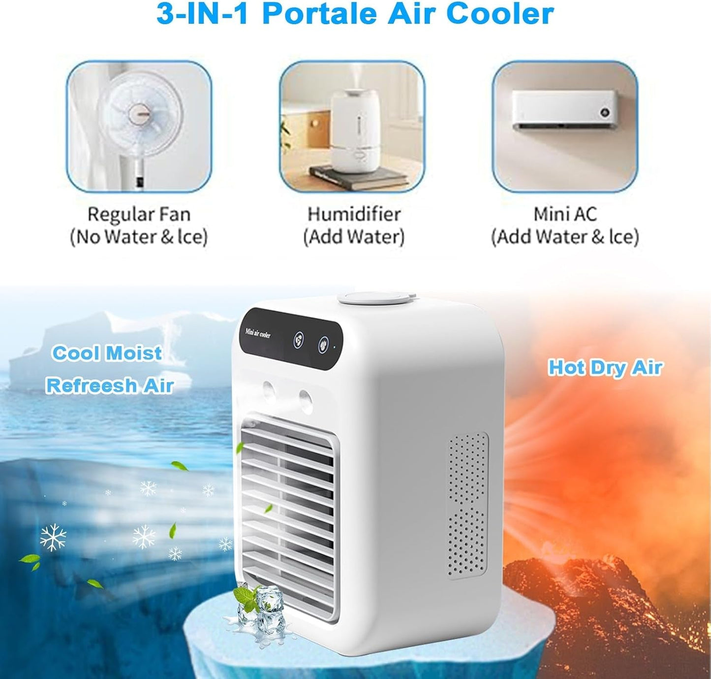 Portable Air Conditioner, 500ML Water Tank & Touch Screen - Evaporative Cooler with 2Wind Speeds, Ultra-Quiet Design for Bedroom, Office, Camping, Compact Spaces (Upgraded with Ice Lattice)