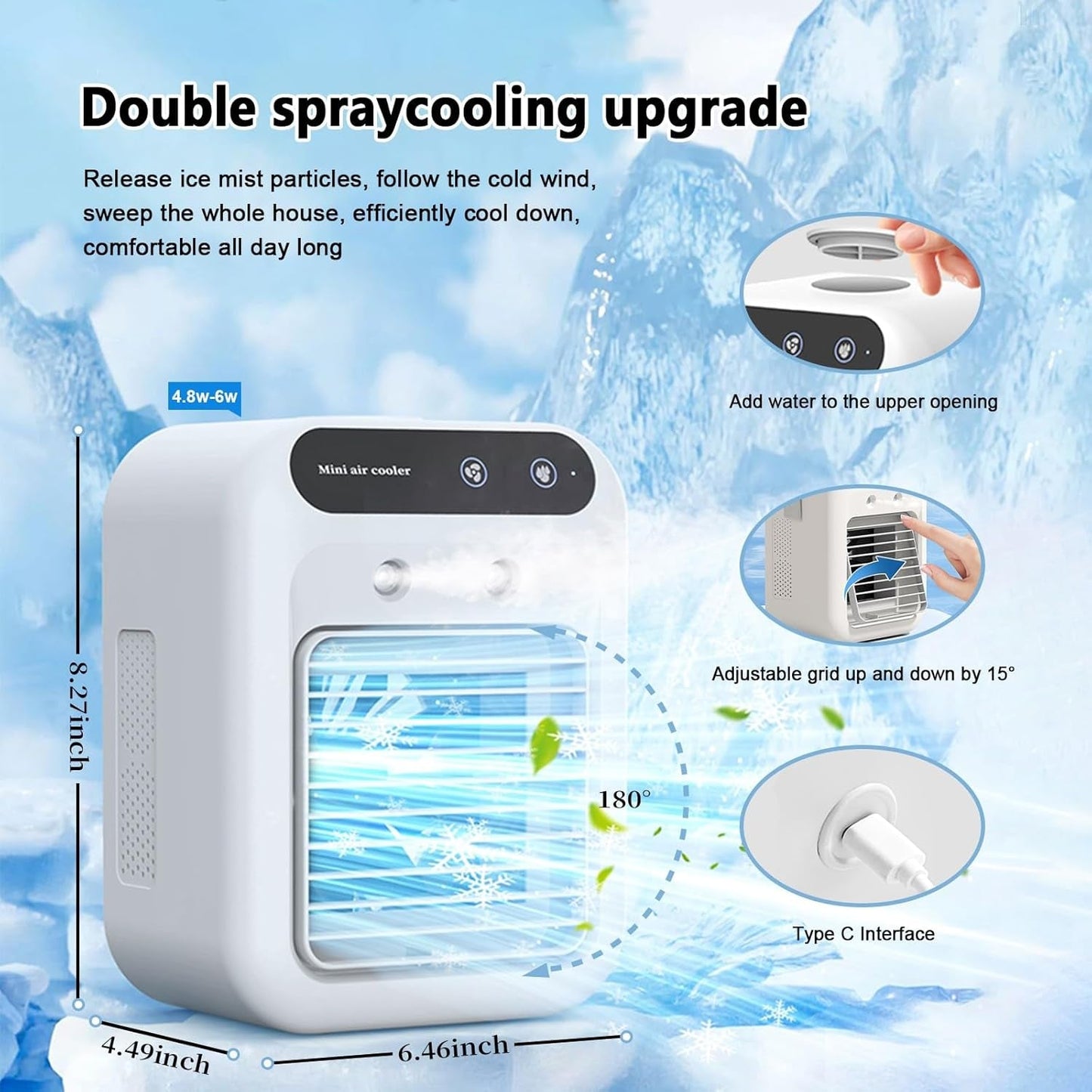 Portable Air Conditioner, 500ML Water Tank & Touch Screen - Evaporative Cooler with 2Wind Speeds, Ultra-Quiet Design for Bedroom, Office, Camping, Compact Spaces (Upgraded with Ice Lattice)