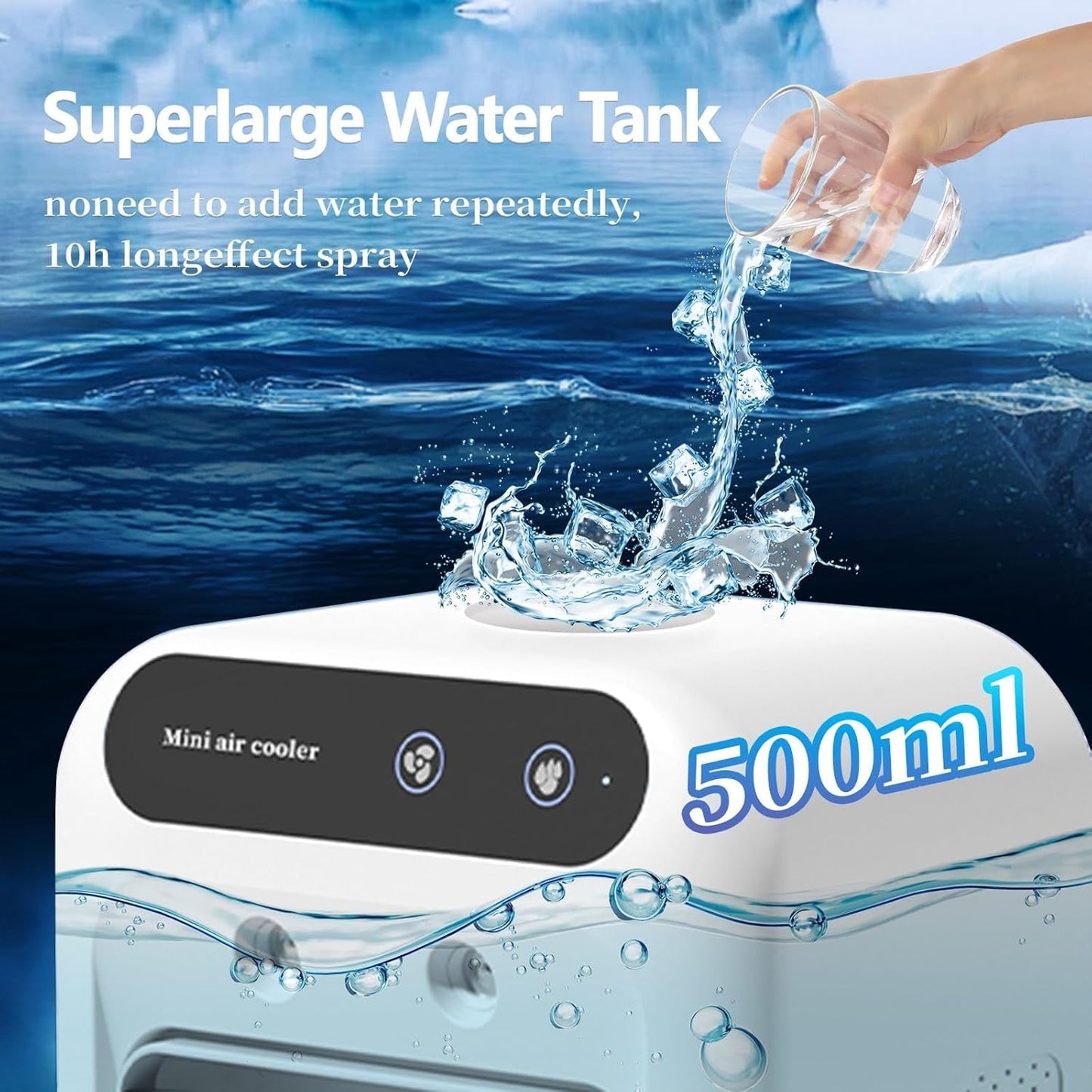 Portable Air Conditioner, 500ML Water Tank & Touch Screen - Evaporative Cooler with 2Wind Speeds, Ultra-Quiet Design for Bedroom, Office, Camping, Compact Spaces (Upgraded with Ice Lattice)